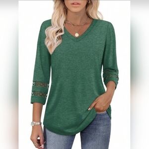 Green Full Size V-Neck Women's Top With Lace Sleeve Detail